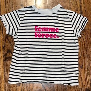 Kids Striped Tee with Bold Pink Text Femme Feroce XS